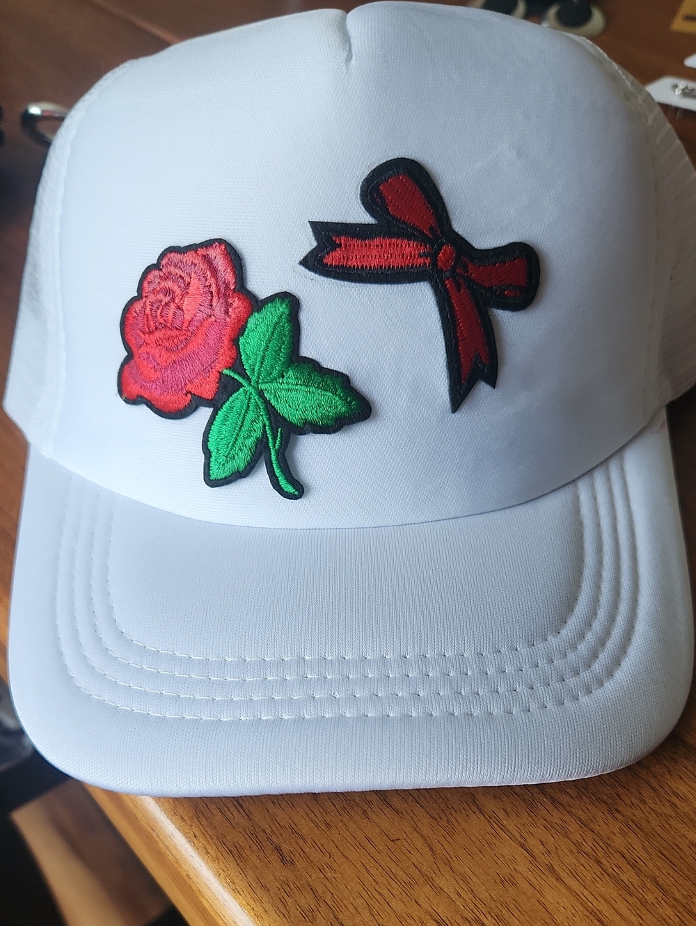 White Womens Cap with Red Rose & Bow Patch